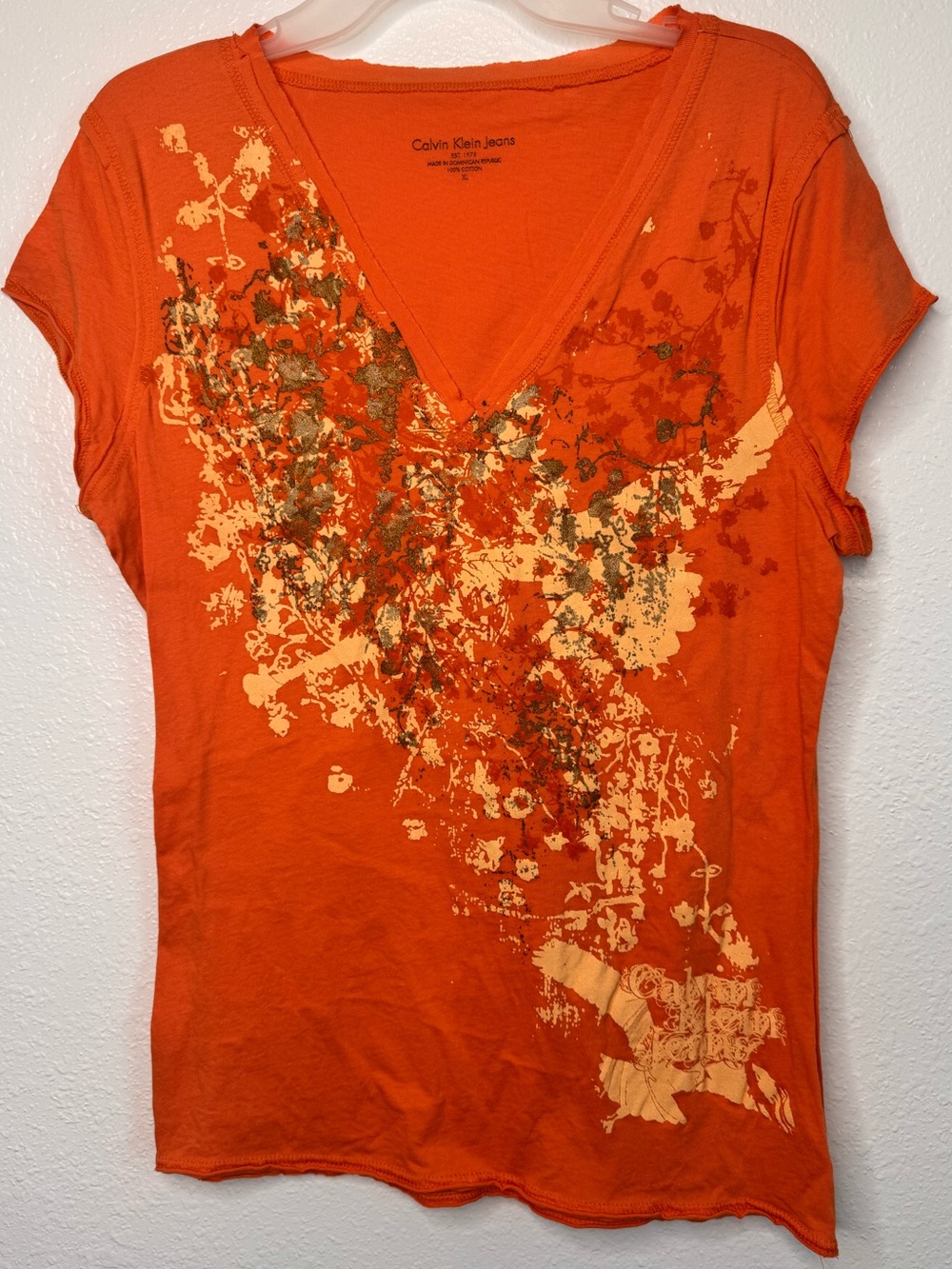 Vintage Y2K 2000s Calvin Klein Orange Whimsical Graphic Print T Shirt V Neck XL